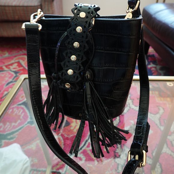 NEW ❤️ Florian London Black Croc Embossed Bucket Crossbody / Wristlet (P… - Picture 6 of 16